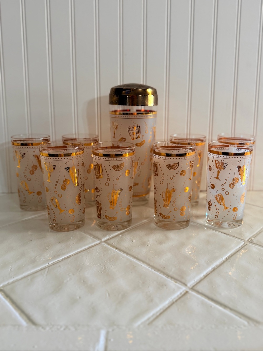 Vintage Gailstyn Sutton Frosted Tumblers/Collins Glasses, 8 Count & shaker. MCM